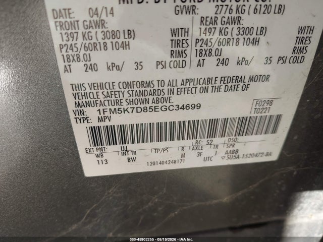 1FM5K7D85EGC34699 Ford EXPLORER XLT