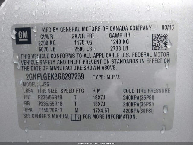 45902256 :رقم المزاد ، 2GNFLGEK3G6297259 vin ، 2016 Chevrolet Equinox Ltz مزاد بيع