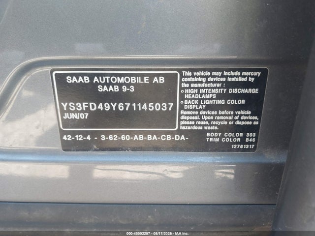 Aukcja sprzedaży 2007 Saab 9-3 2.0t, vin: YS3FD49Y671145037, numer aukcji: 45902257