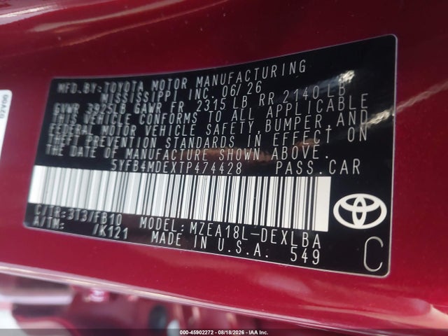 45902272 :رقم المزاد ، 5YFB4MDEXTP474428 vin ، 2026 Toyota Corolla Le مزاد بيع