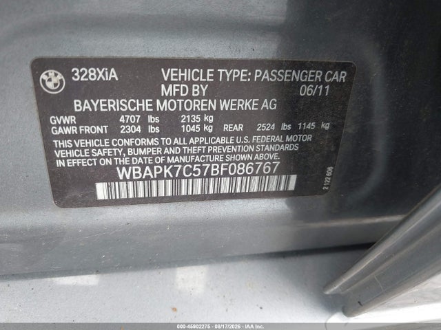 45902275 :رقم المزاد ، WBAPK7C57BF086767 vin ، 2011 Bmw 328i Xdrive مزاد بيع