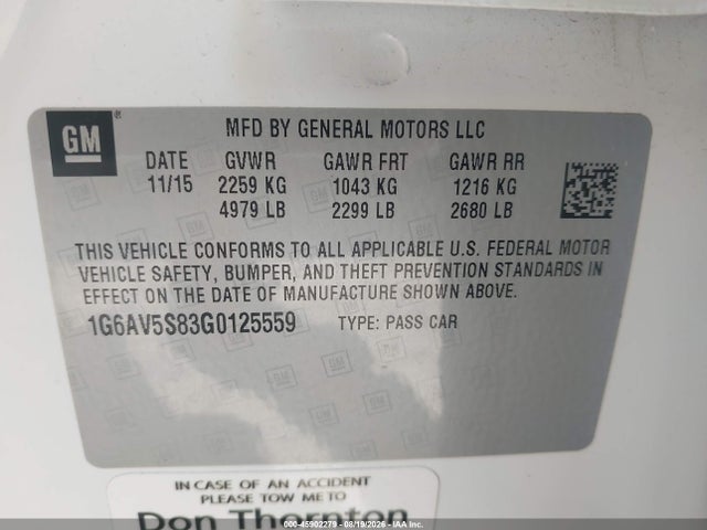 Auction sale of the 2016 Cadillac Cts V-sport Premium, vin: 1G6AV5S83G0125559, lot number: 45902279
