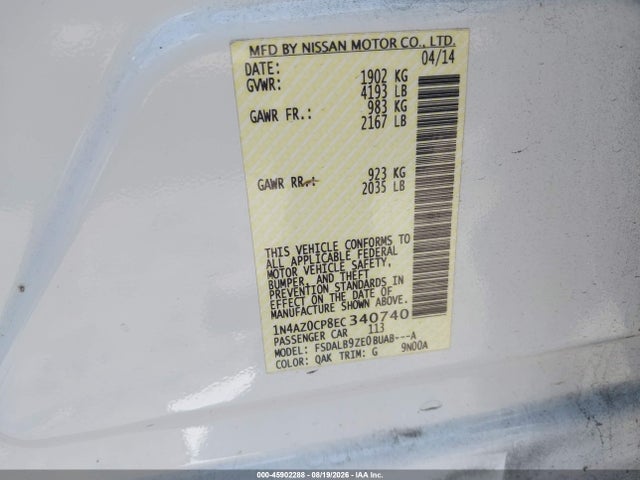 45902288 :رقم المزاد ، 1N4AZ0CP8EC340740 vin ، 2014 Nissan Leaf S مزاد بيع