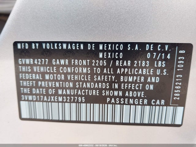 45902332 :رقم المزاد ، 3VWD17AJXEM327795 vin ، 2014 Volkswagen Jetta 1.8t Se مزاد بيع