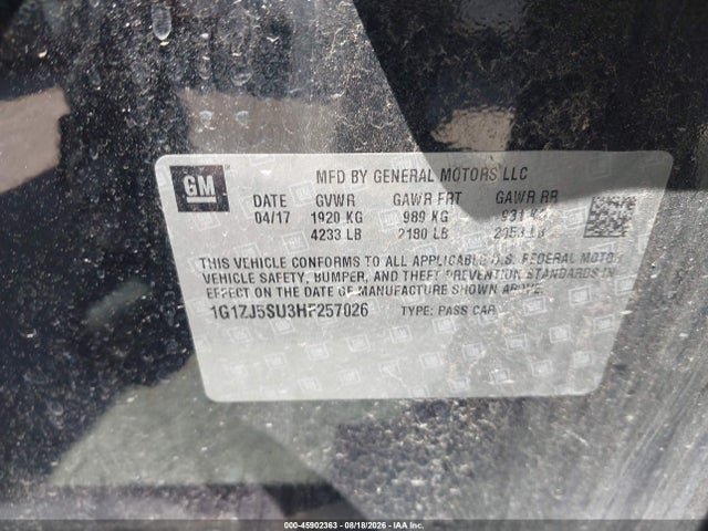 2017 Chevrolet Malibu Hybrid მანქანა იყიდება აუქციონზე, vin: 1G1ZJ5SU3HF257026, აუქციონის ნომერი: 45902363