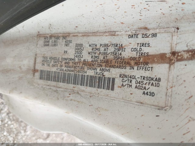 Продаж на аукціоні авто 1998 Toyota Tacoma, vin: 4TANL42NXWZ146094, номер лоту: 45902372