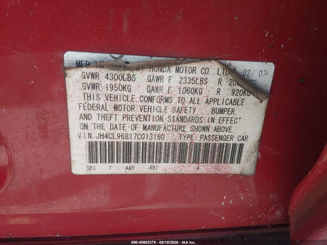 Продаж на аукціоні авто 2007 Acura Tsx, vin: JH4CL96817C013160, номер лоту: 45902379