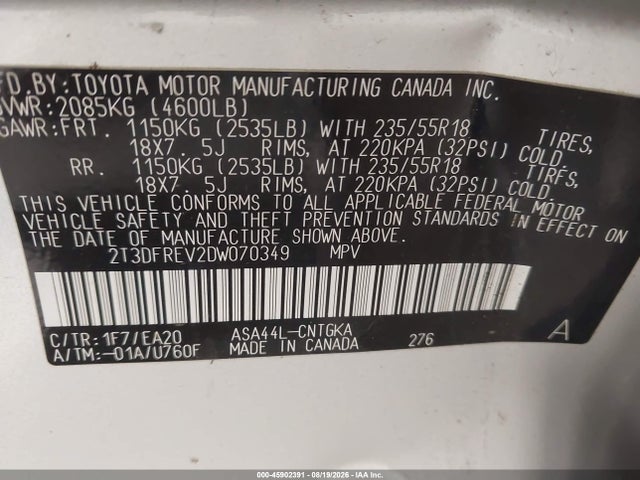 Aukcja sprzedaży 2013 Toyota Rav4 Limited, vin: 2T3DFREV2DW070349, numer aukcji: 45902391