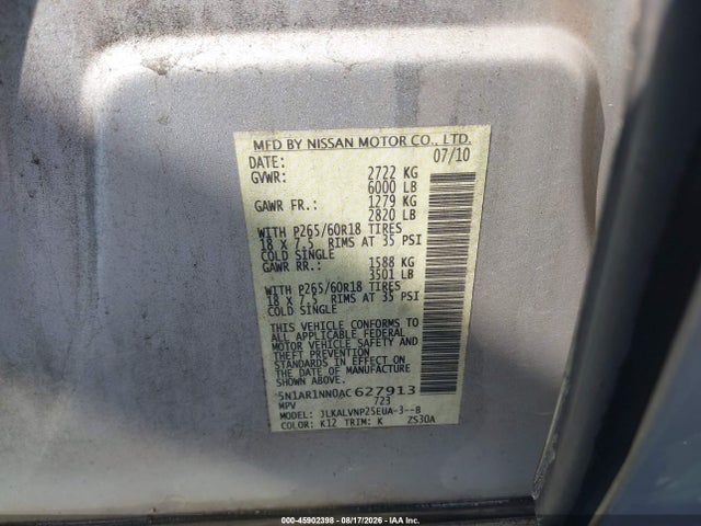 Продажа на аукционе авто 2010 Nissan Pathfinder Le, vin: 5N1AR1NN0AC627913, номер лота: 45902398