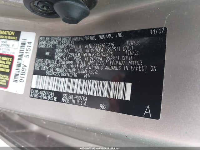 Aukcja sprzedaży 2008 Toyota Sienna Le, vin: 5TDZK23C18S140716, numer aukcji: 45902399
