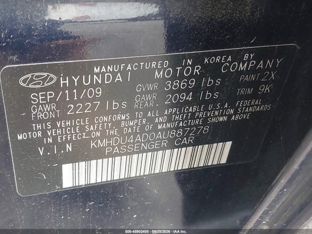 45902405 :رقم المزاد ، KMHDU4AD0AU887278 vin ، 2010 Hyundai Elantra Gls مزاد بيع