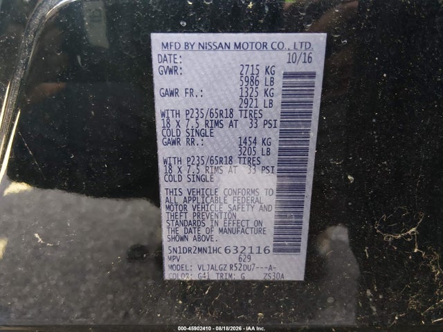 Auction sale of the 2017 Nissan Pathfinder Sl, vin: 5N1DR2MN1HC632116, lot number: 45902410