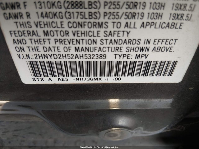 45902412 :رقم المزاد ، 2HNYD2H52AH532389 vin ، 2010 Acura Mdx Advance Package مزاد بيع