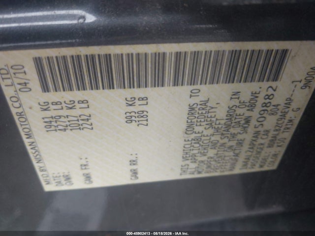 Продажа на аукционе авто 2010 Nissan Altima 2.5 S, vin: 1N4AL2APXAN509882, номер лота: 45902413