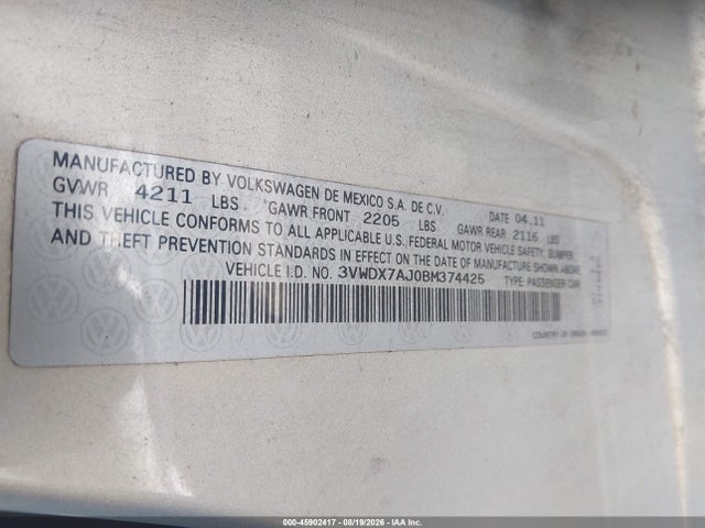 Продаж на аукціоні авто 2011 Volkswagen Jetta 2.5l Se, vin: 3VWDX7AJ0BM374425, номер лоту: 45902417