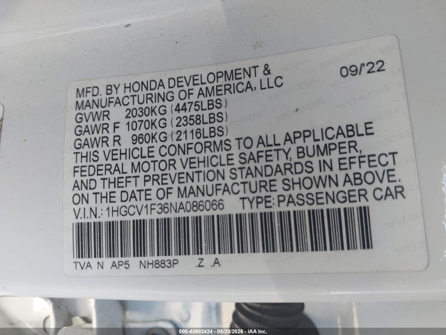 Aukcja sprzedaży 2022 Honda Accord Sport, vin: 1HGCV1F36NA086066, numer aukcji: 45902424