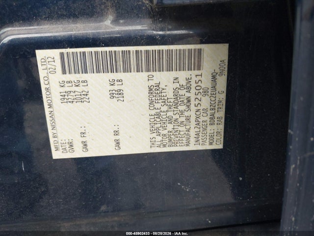 Aukcja sprzedaży 2012 Nissan Altima 2.5 S, vin: 1N4AL2APXCN525051, numer aukcji: 45902433