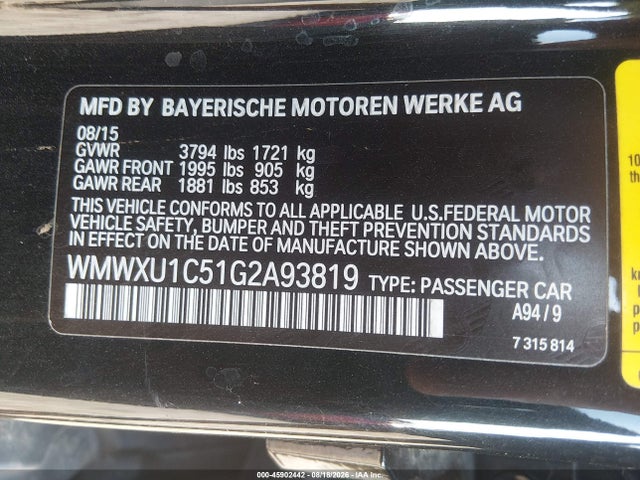 45902442 :رقم المزاد ، WMWXU1C51G2A93819 vin ، 2016 Mini Hardtop Cooper مزاد بيع