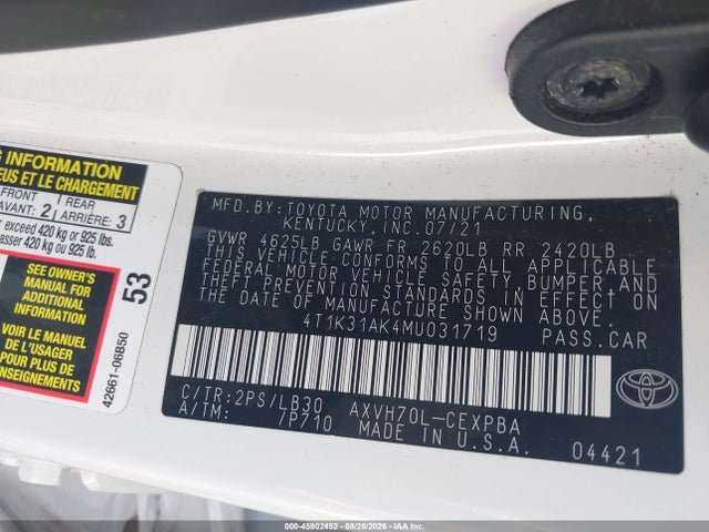 Продаж на аукціоні авто 2021 Toyota Camry Xse Hybrid, vin: 4T1K31AK4MU031719, номер лоту: 45902452