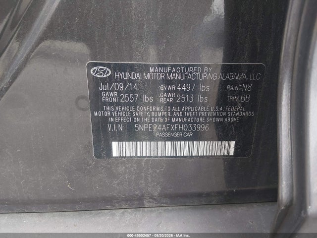 Aukcja sprzedaży 2015 Hyundai Sonata Se, vin: 5NPE24AFXFH033996, numer aukcji: 45902457