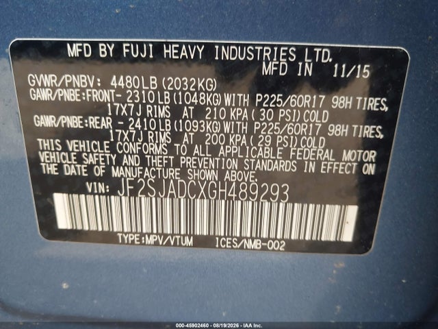 Aukcja sprzedaży 2016 Subaru Forester 2.5i Premium, vin: JF2SJADCXGH489293, numer aukcji: 45902460