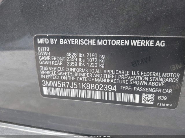 45902470 :رقم المزاد ، 3MW5R7J51K8B02394 vin ، 2019 Bmw 330i Xdrive مزاد بيع