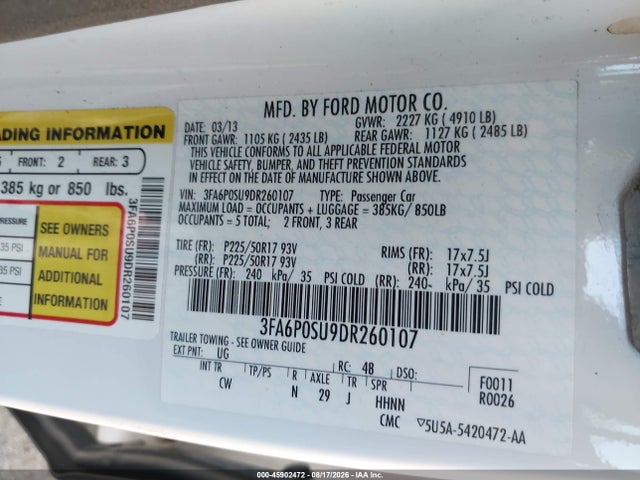 45902472 :رقم المزاد ، 3FA6P0SU9DR260107 vin ، 2013 Ford Fusion Energi Titanium مزاد بيع