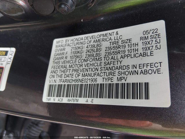 45902475 :رقم المزاد ، 7FARW2H96NE021906 vin ، 2022 Honda Cr-v Awd Touring مزاد بيع