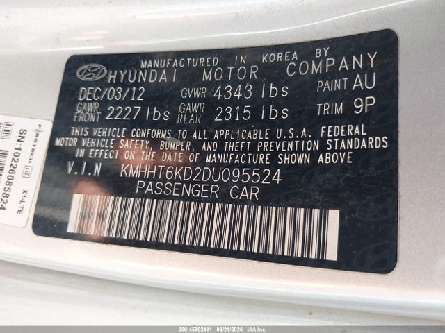 Продаж на аукціоні авто 2013 Hyundai Genesis 2.0t, vin: KMHHT6KD2DU095524, номер лоту: 45902491