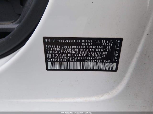 Auction sale of the 2017 Volkswagen Jetta 1.4t S, vin: 3VW2B7AJ8HM215697, lot number: 45902495