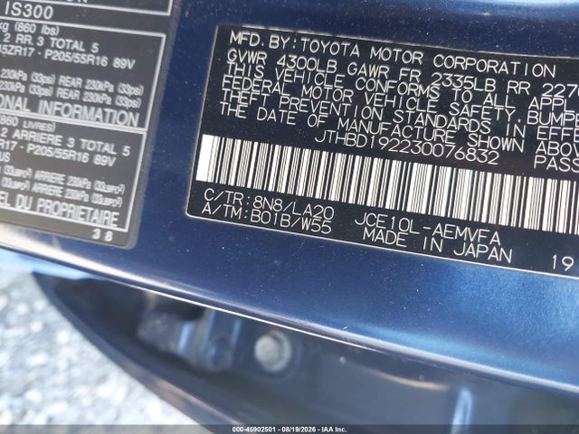 Продаж на аукціоні авто 2003 Lexus Is 300 Base W/5-speed Manual, vin: JTHBD192230076832, номер лоту: 45902501