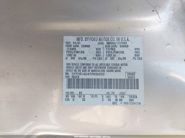 Auction sale of the 2001 Ford Ranger Edge/xl/xlt, vin: 1FTYR14U41PB26222, lot number: 45902502