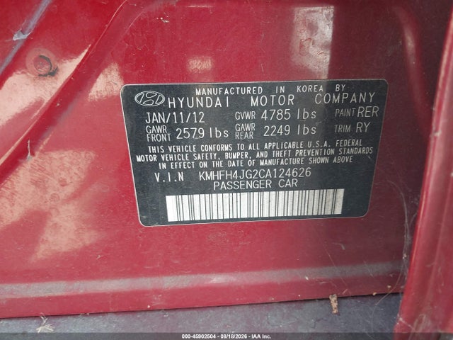 Продажа на аукционе авто 2012 Hyundai Azera, vin: KMHFH4JG2CA124626, номер лота: 45902504