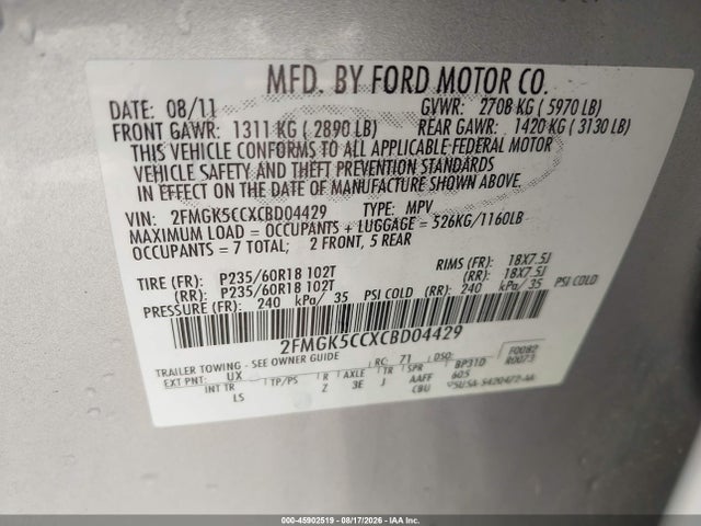 Aukcja sprzedaży 2012 Ford Flex Sel, vin: 2FMGK5CCXCBD04429, numer aukcji: 45902519