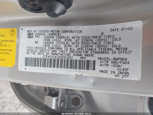 45902522 :رقم المزاد ، JTEHF21A120091623 vin ، 2002 Toyota Highlander V6 مزاد بيع