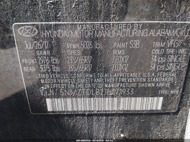 2018 Hyundai Santa Fe Sport 2.4l მანქანა იყიდება აუქციონზე, vin: 5NMZTDLB2JH071933, აუქციონის ნომერი: 45902526