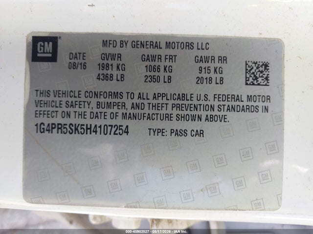 2017 Buick Verano Sport Touring მანქანა იყიდება აუქციონზე, vin: 1G4PR5SK5H4107254, აუქციონის ნომერი: 45902527