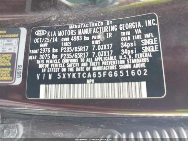 Продажа на аукционе авто 2015 Kia Sorento Lx, vin: 5XYKTCA65FG651602, номер лота: 45902532