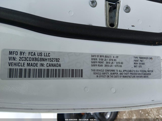2022 Dodge Charger Sxt Rwd მანქანა იყიდება აუქციონზე, vin: 2C3CDXBG8NH152782, აუქციონის ნომერი: 45902550