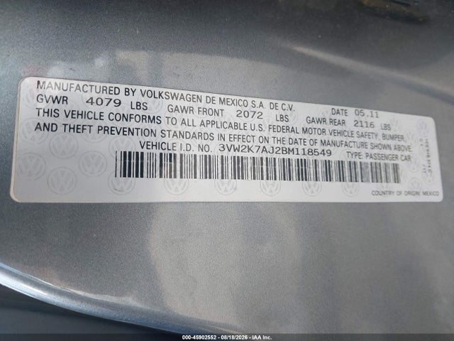 Продажа на аукционе авто 2011 Volkswagen Jetta 2.0l S, vin: 3VW2K7AJ2BM118549, номер лота: 45902552