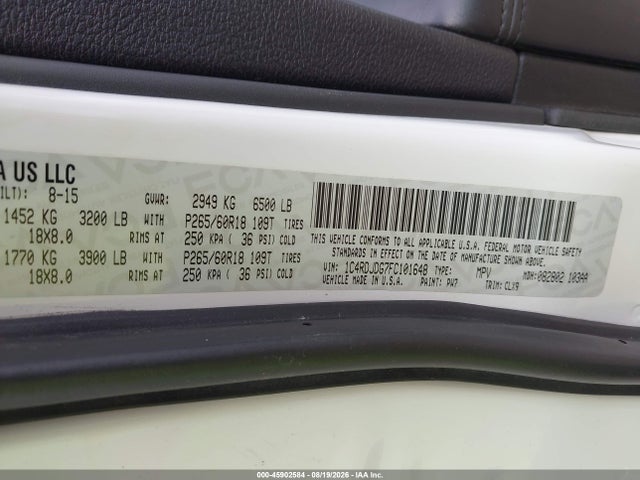 45902584 :رقم المزاد ، 1C4RDJDG7FC101648 vin ، 2015 Dodge Durango Limited مزاد بيع