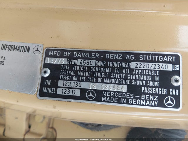 45902587 :رقم المزاد ، 12313012026824 vin ، 1977 Mercedes-benz 300 Series مزاد بيع