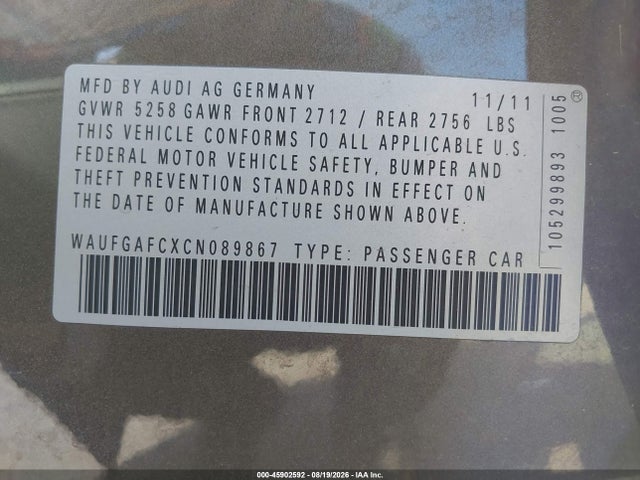 45902592 :رقم المزاد ، WAUFGAFCXCN089867 vin ، 2012 Audi A6 3.0t Premium مزاد بيع