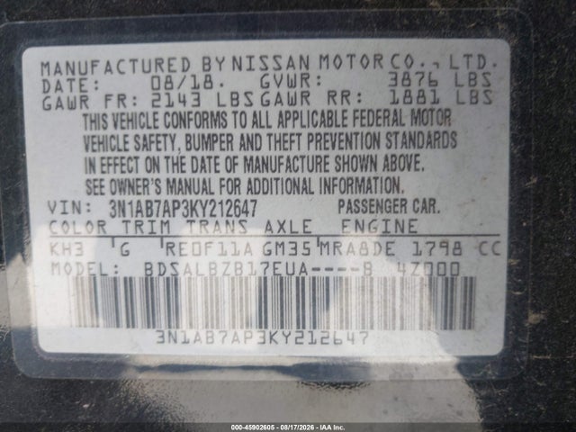 45902605 :رقم المزاد ، 3N1AB7AP3KY212647 vin ، 2019 Nissan Sentra S مزاد بيع
