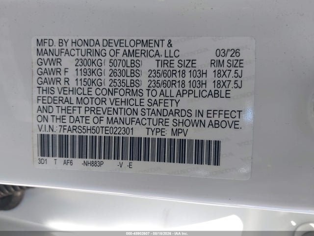 45902607 :رقم المزاد ، 7FARS5H50TE022301 vin ، 2026 Honda Cr-v Hybrid 2wd Sport مزاد بيع