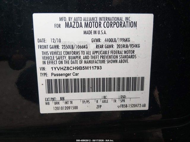 2011 Mazda Mazda6 I Grand Touring მანქანა იყიდება აუქციონზე, vin: 1YVHZ8CH9B5M11793, აუქციონის ნომერი: 45902612