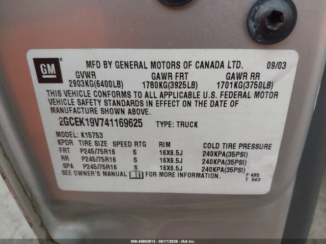 Продажа на аукционе авто 2004 Chevrolet Silverado 1500 Work Truck, vin: 2GCEK19V741169625, номер лота: 45902613