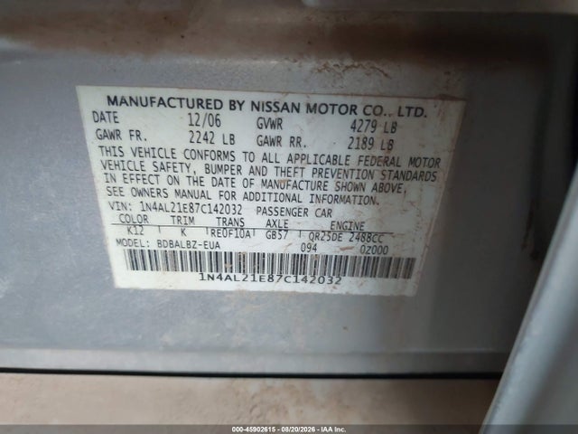 Продажа на аукционе авто 2007 Nissan Altima 2.5 S, vin: 1N4AL21E87C142032, номер лота: 45902615