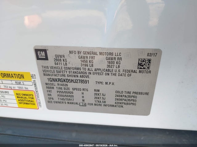 Aukcja sprzedaży 2017 Chevrolet Traverse Lt, vin: 1GNKRGKD5HJ278591, numer aukcji: 45902647