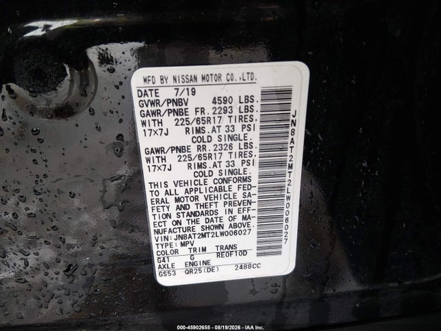 45902655 :رقم المزاد ، JN8AT2MT2LW006027 vin ، 2020 Nissan Rogue S Fwd مزاد بيع